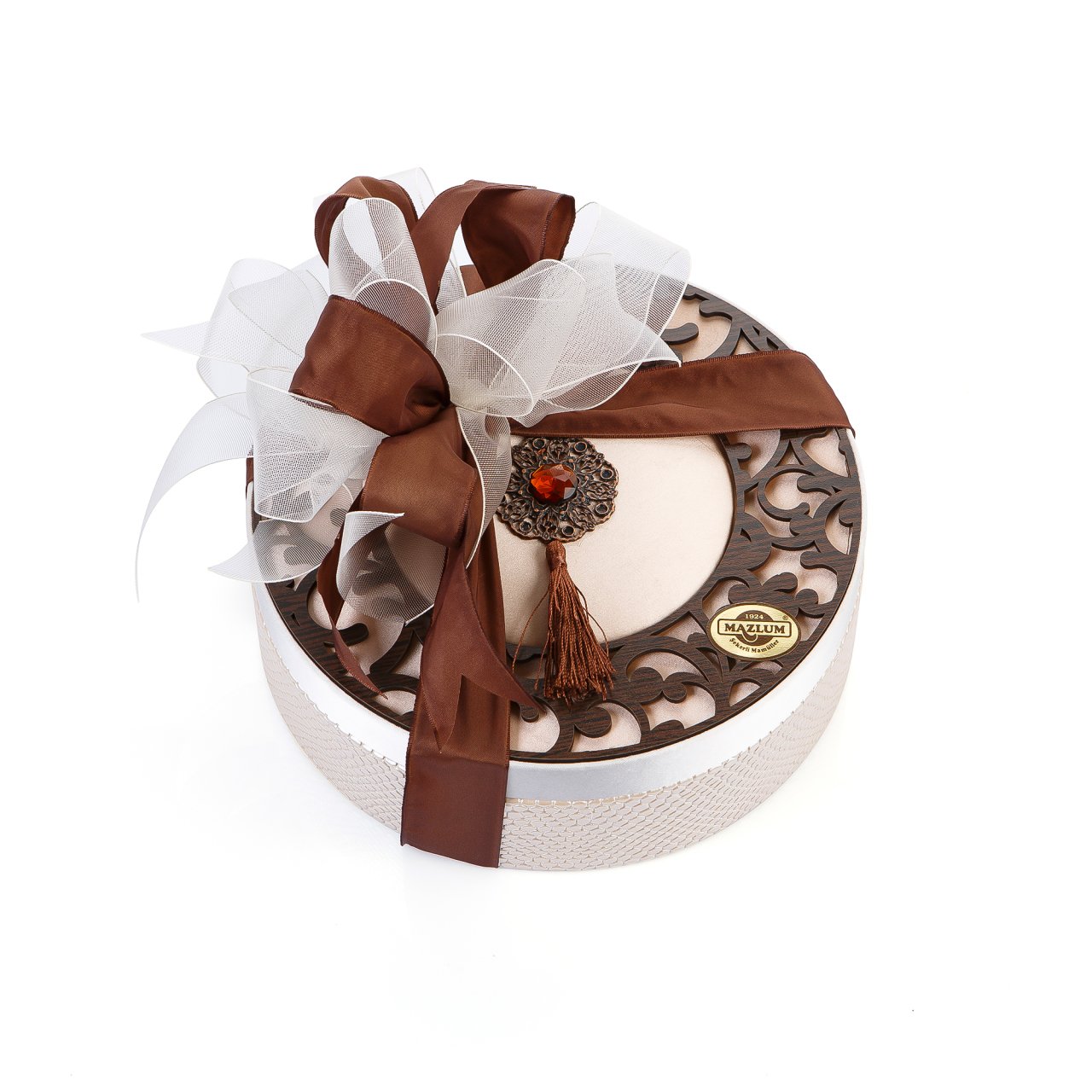 Ahşap Desenli Kadife ve Deri Kutu (Yuvarlak-Krem)