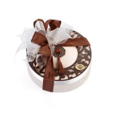 Ahşap Desenli Kadife ve Deri Kutu (Yuvarlak-Krem)