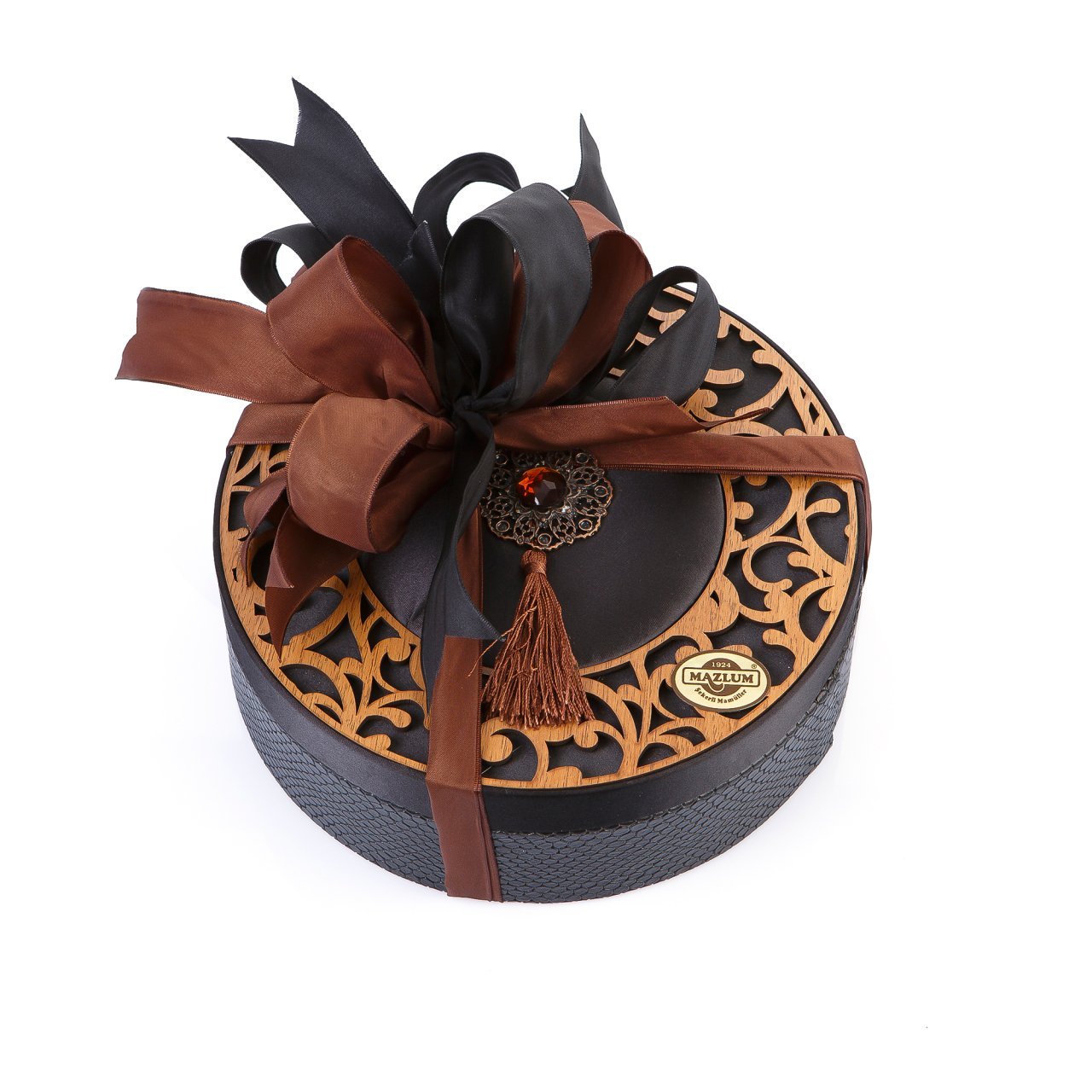 Ahşap Desenli Kadife ve Deri Kutu (Yuvarlak-Siyah)