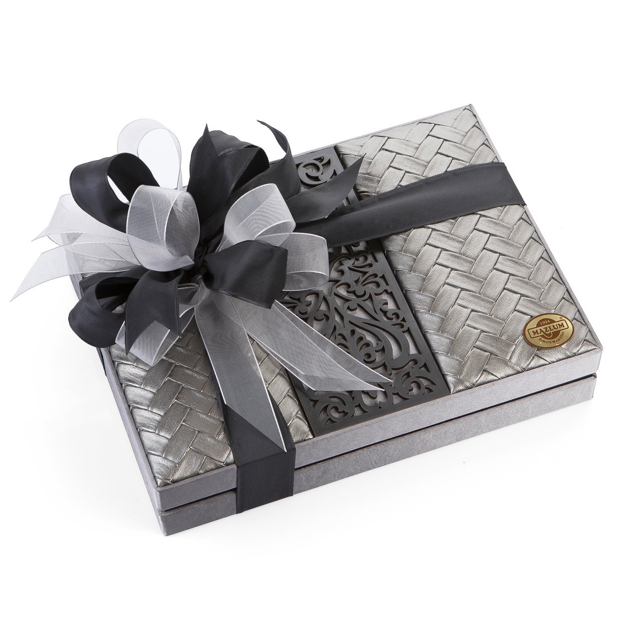 Ahşap Desenli Kadife ve Deri Kutu (Dikdörtgen-Gümüş)