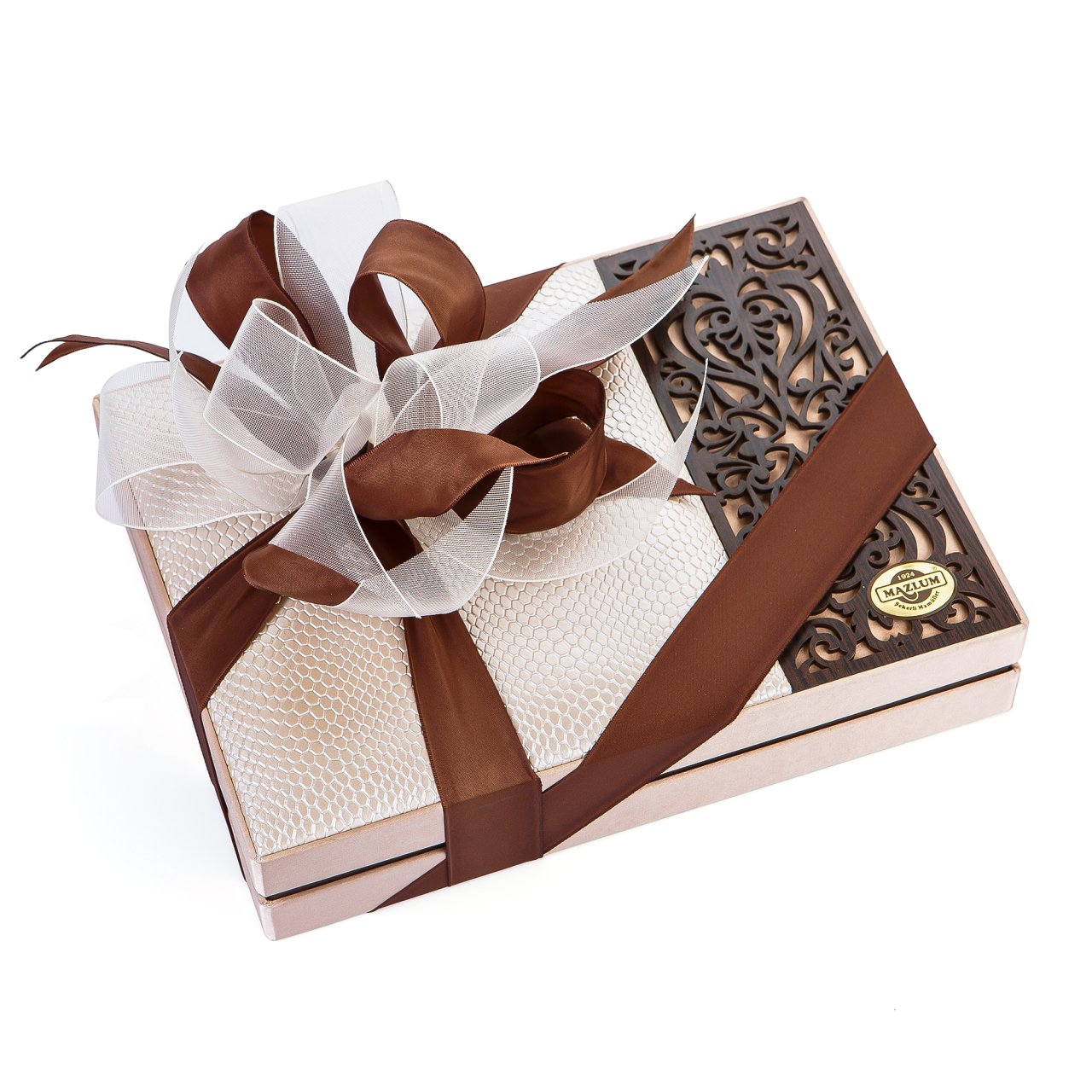 Ahşap Desenli Kadife ve Deri Kutu (Dikdörtgen-Krem)