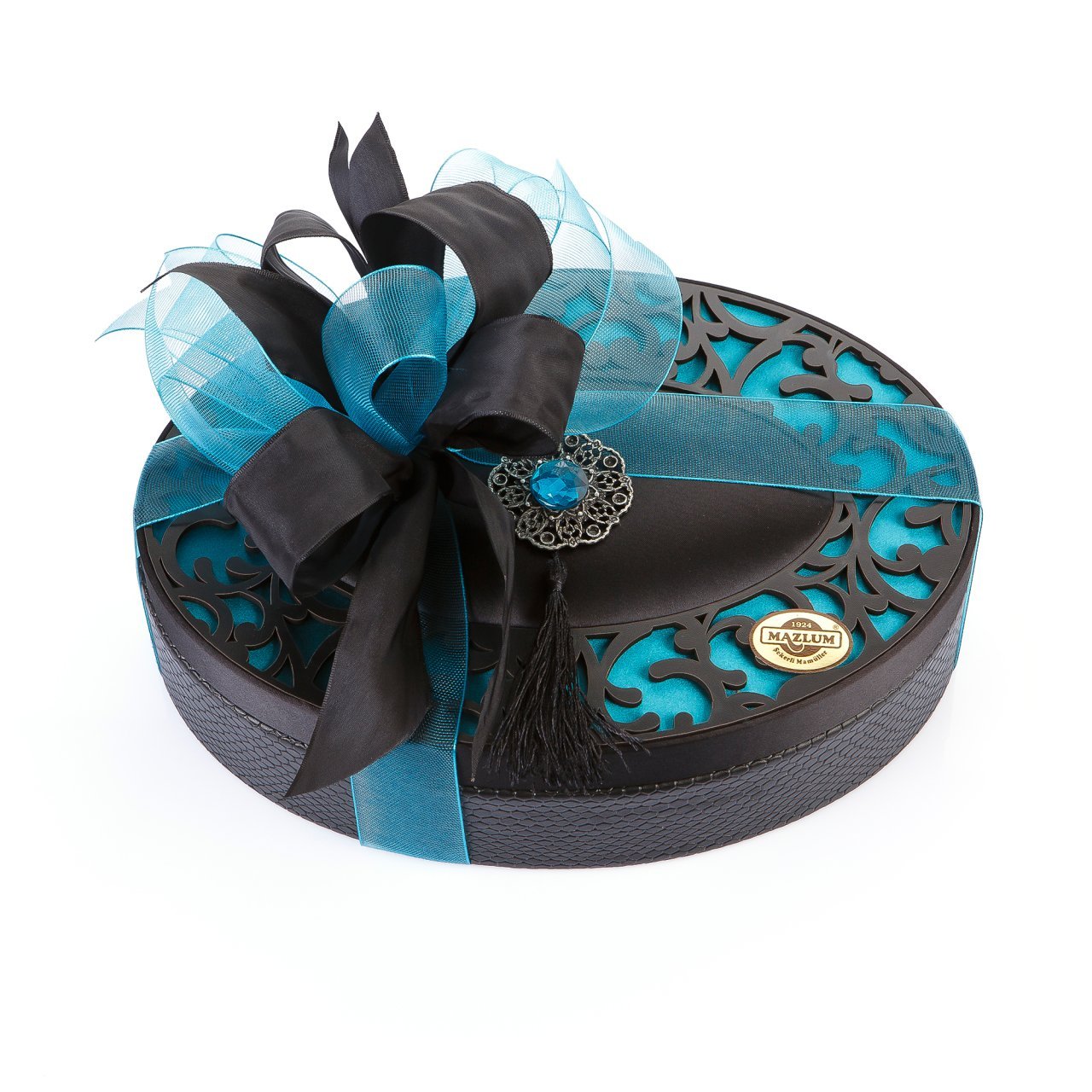 Ahşap Desenli Kadife ve Deri Kutu (Oval-Siyah)