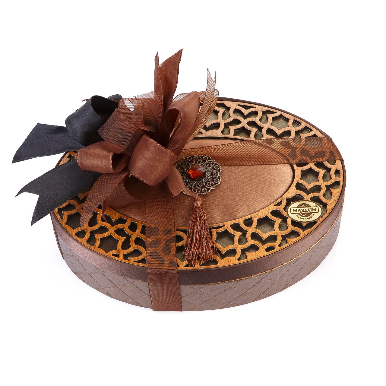 Ahşap Desenli Kadife ve Deri Kutu (Oval-Kahverengi)