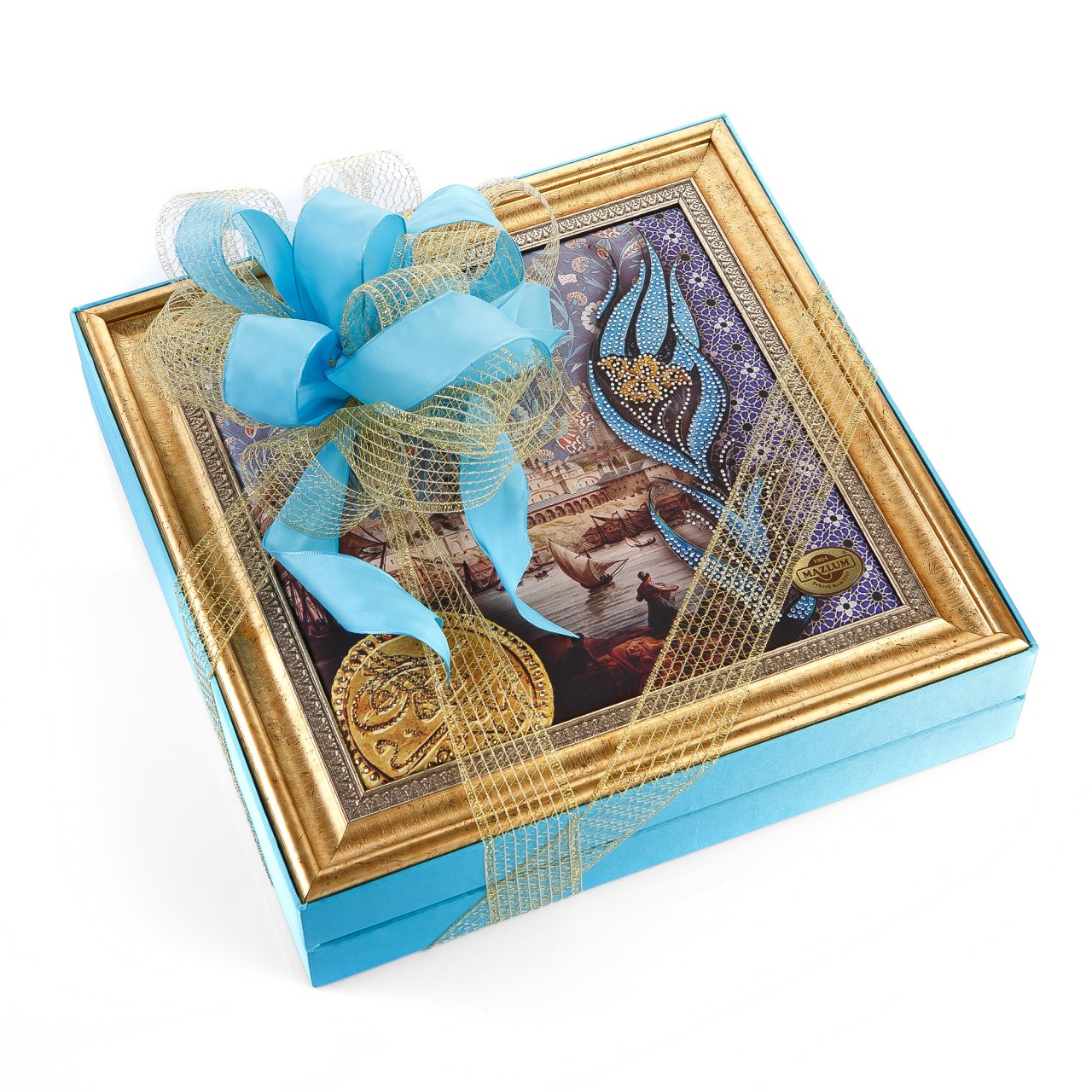 Tablo Serisi Taşlı Kadife Büyük Kutu (Lale ve Altın)